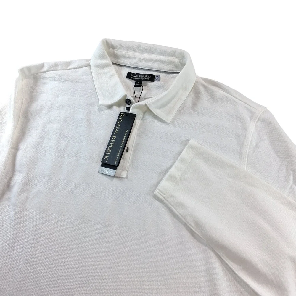 Banana Republic Polo Shirt Mens L White Performance Pique Long Sleeve Chevron